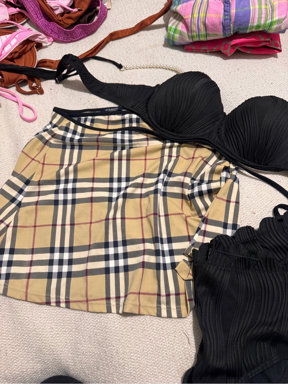 Burberry Beige Plaid Swim Skirt / Sarong with Black Trim - Picture 12 of 12
